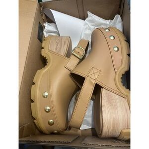 Sorel Tan Mules with Gold Accents